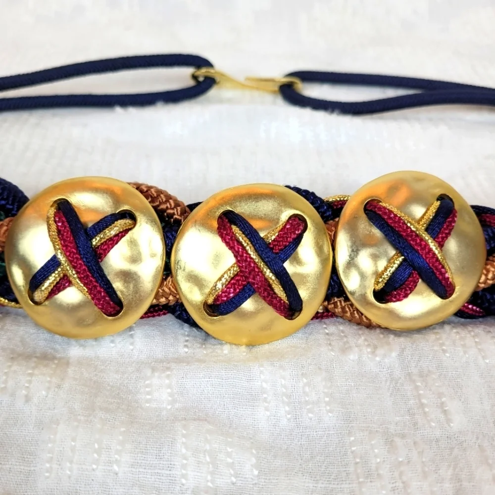Vintage 80's navy maroon green gold braid woven belt three circle gold accents M